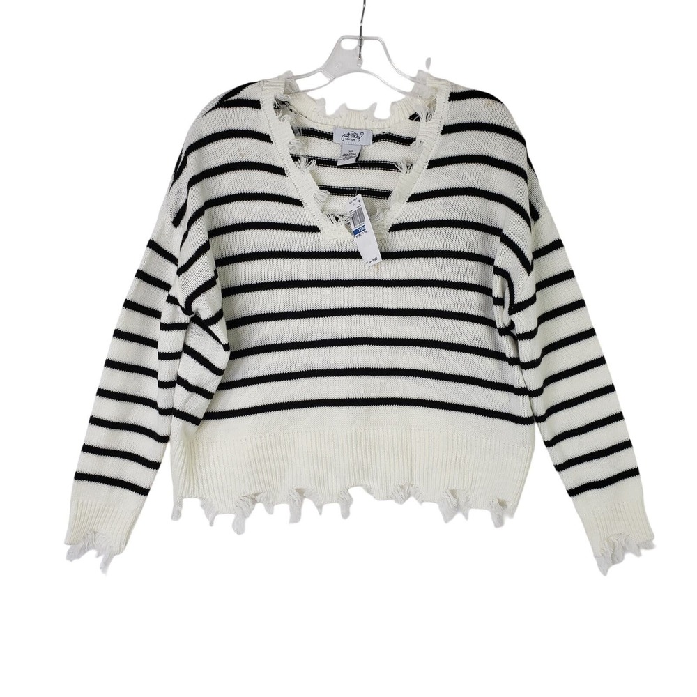 Just‎ Polly Striped V Neck Distressed Sweater Black Ivory Womens Size XS Raw Hem